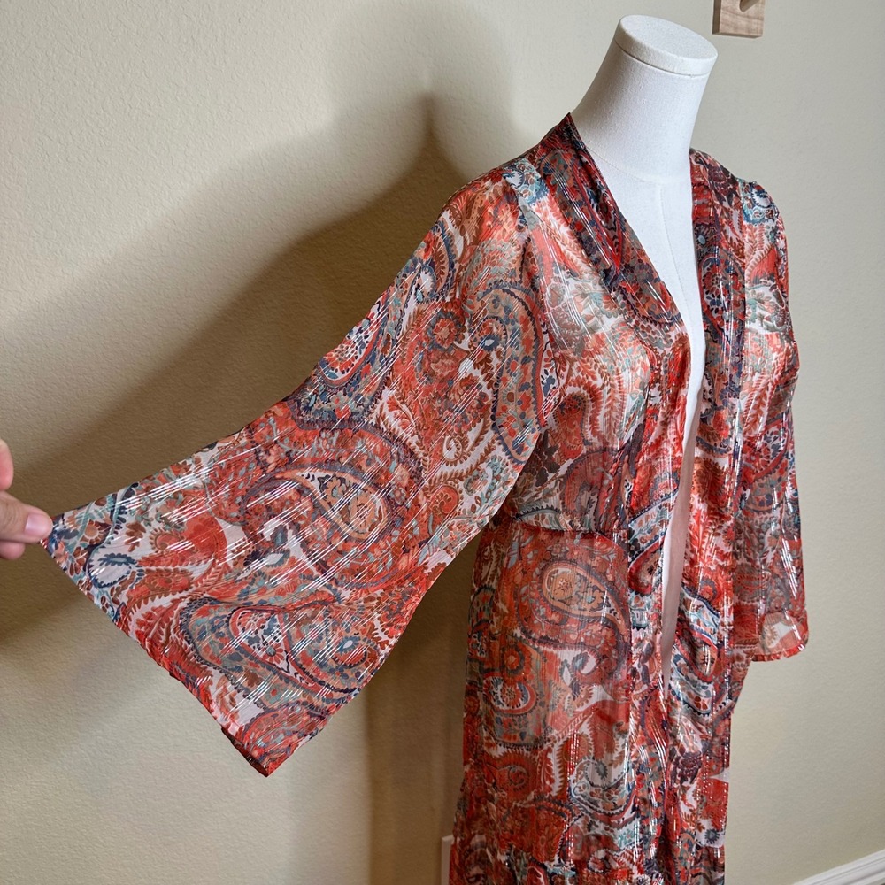 By Anthropologie Paisley Maxi Kimono Duster Metallic Sheer Red Blue One Size - Picture 2 of 9
